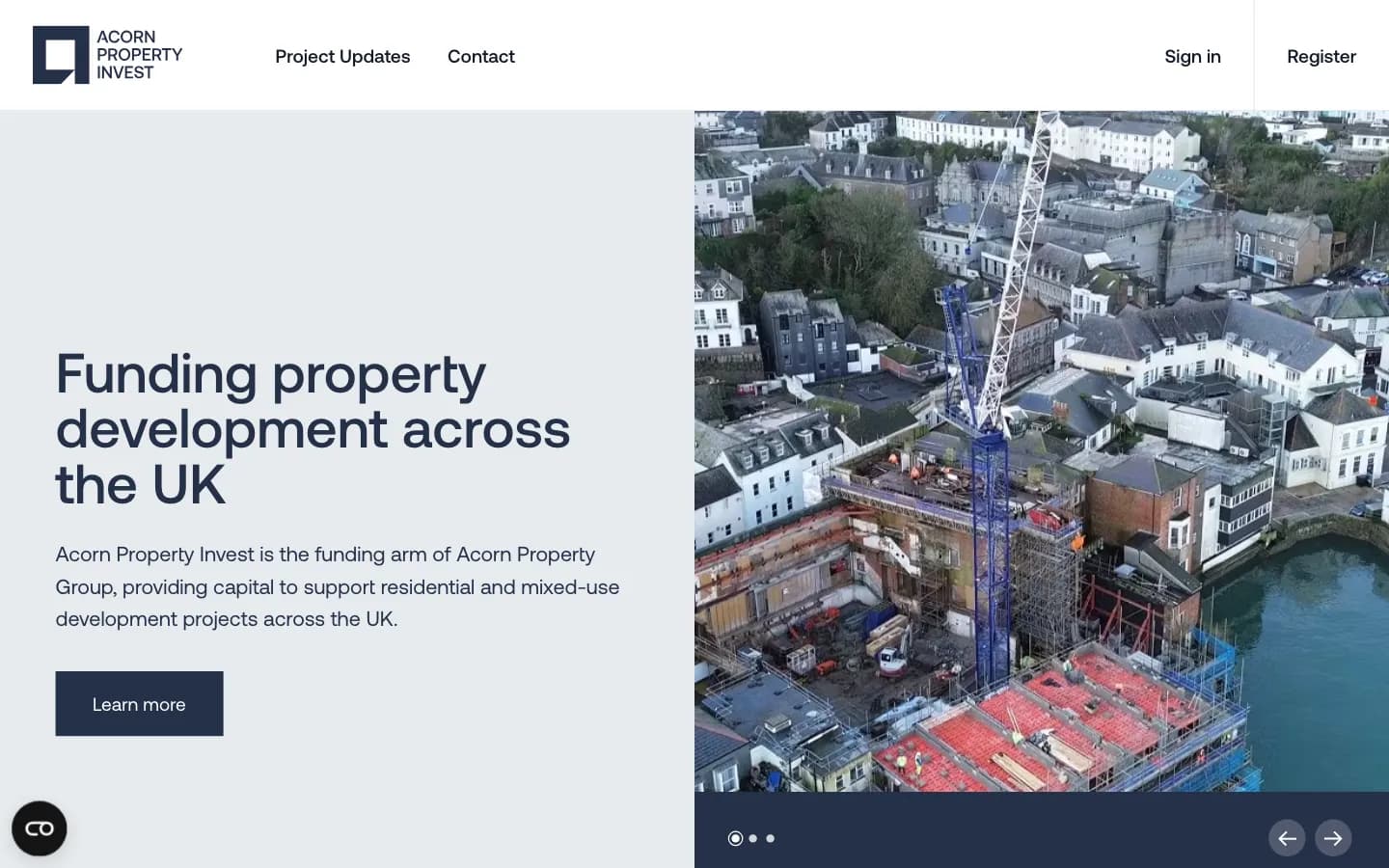 Screenshot of the Acorn Property Invest website