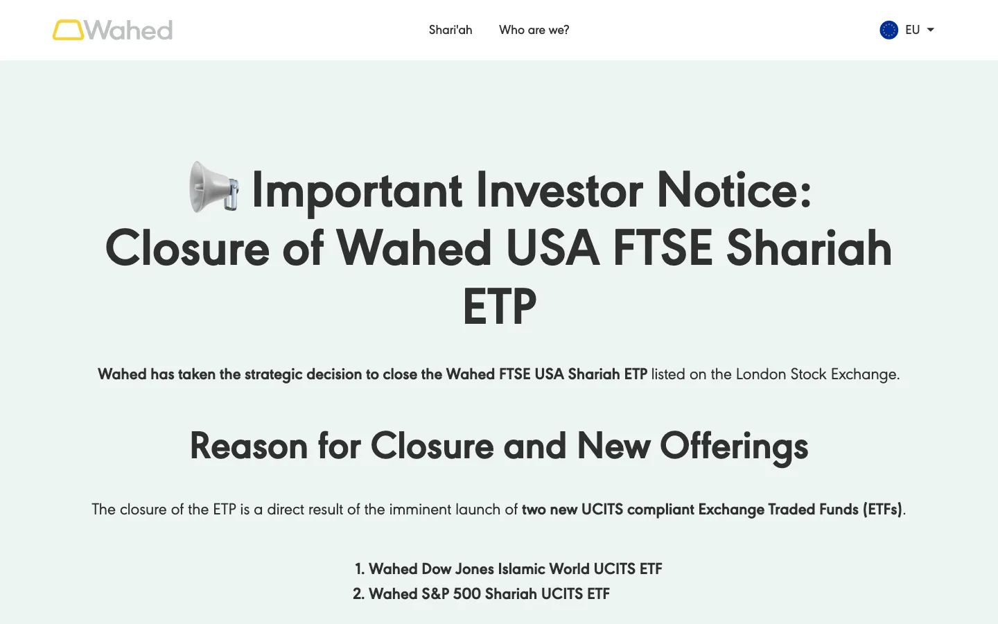 Screenshot of the Wahed website